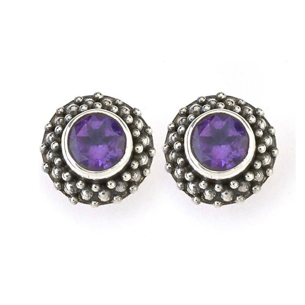Samuel B. Sterling Silver Beaded Border Round Amethyst Stud Earrings, Silver NWT